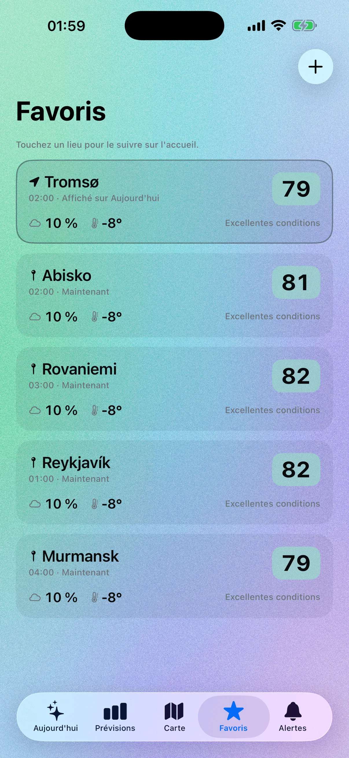 Écran Favoris de Norya : cinq destinations, Tromsø 79, Abisko 81, Rovaniemi 82, Reykjavík 82 et Murmansk 79, chacune avec son heure locale, 10 % de nuages et moins 8 degrés.